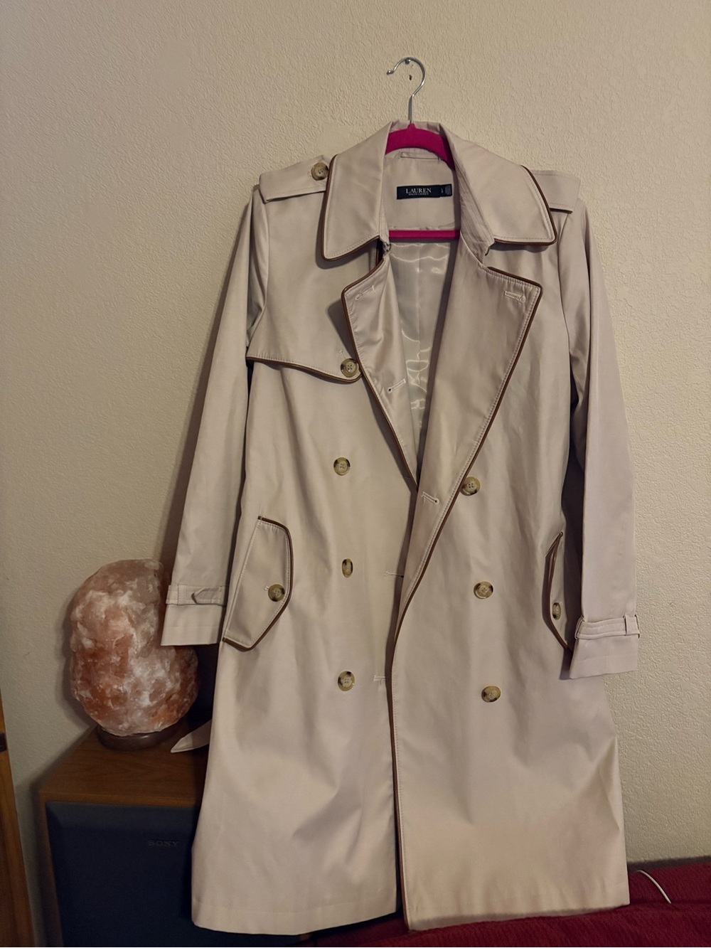 Ralph Lauren Cream Double-Breasted Trench with Brown Piping